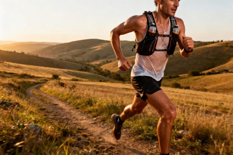 Un coureur de fond en plein effort sur un sentier vallonné au soleil couchant, équipé d'un gilet d'hydratation