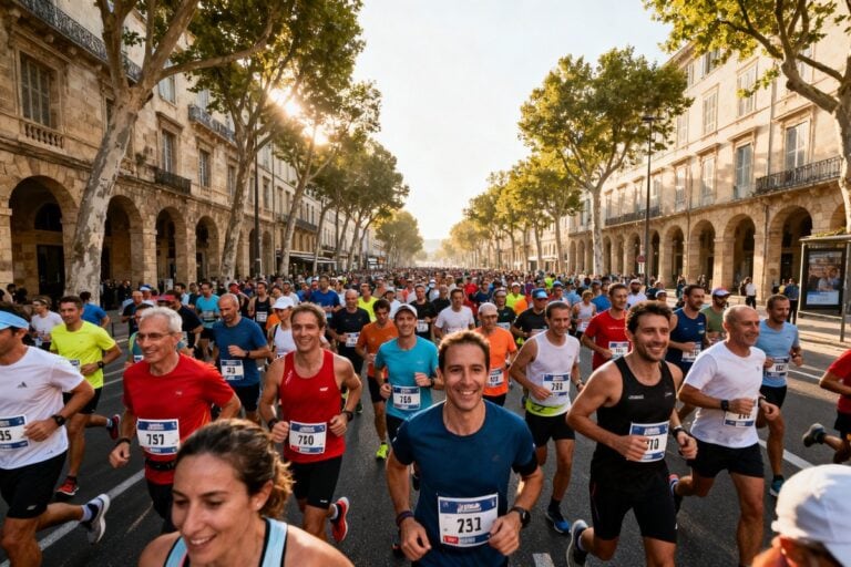 Un large peloton de coureurs amateurs avec dossards s'élance sur un boulevard bordé de platanes