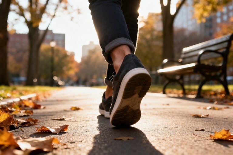 Chaussures de marche en pleine foulée sur une allée de parc urbain au petit matin