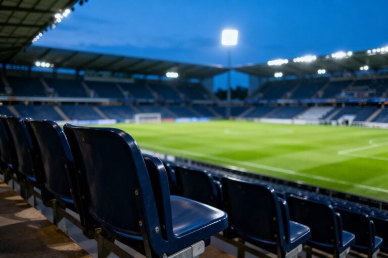 Stade de football vide éclairé au crépuscule, vu depuis les tribunes hautes
