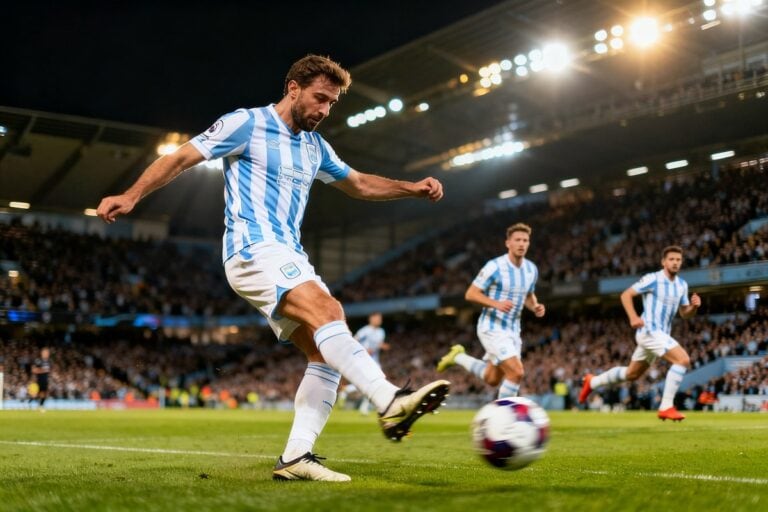 Footballeur en maillot rayé bleu et blanc centrant le ballon dans un stade plein éclairé la nuit, coéquipiers en course