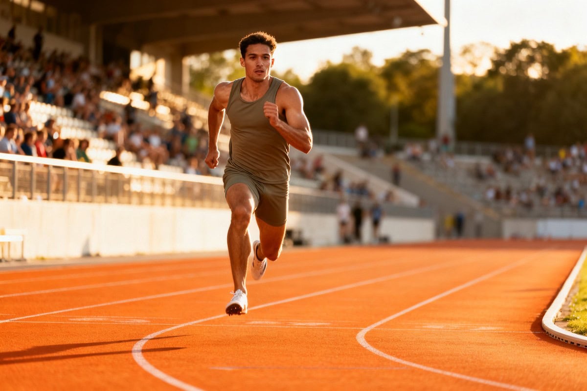 Un sprinteur en pleine foulée lance son 400 m sur une piste orange, tribunes garnies dans la lumière chaude du soir