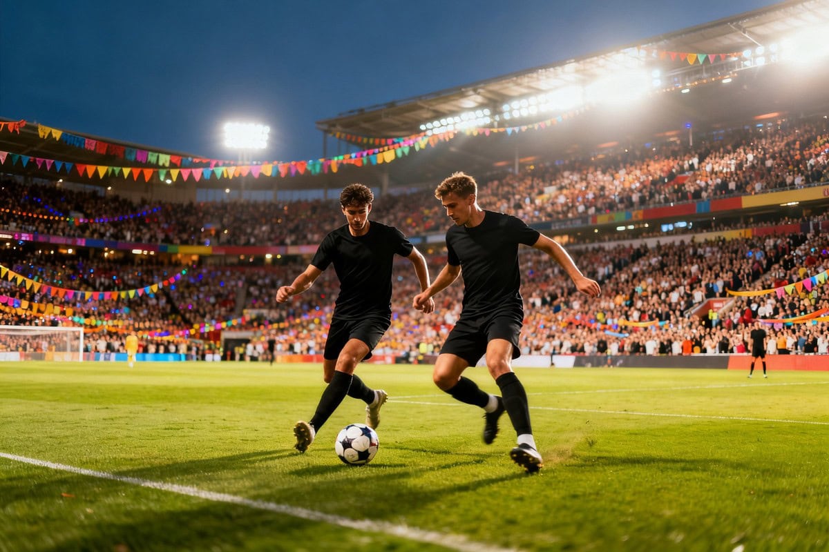 Deux footballeurs se disputent le ballon sur la pelouse devant des tribunes bondées et festives, sous les projecteurs