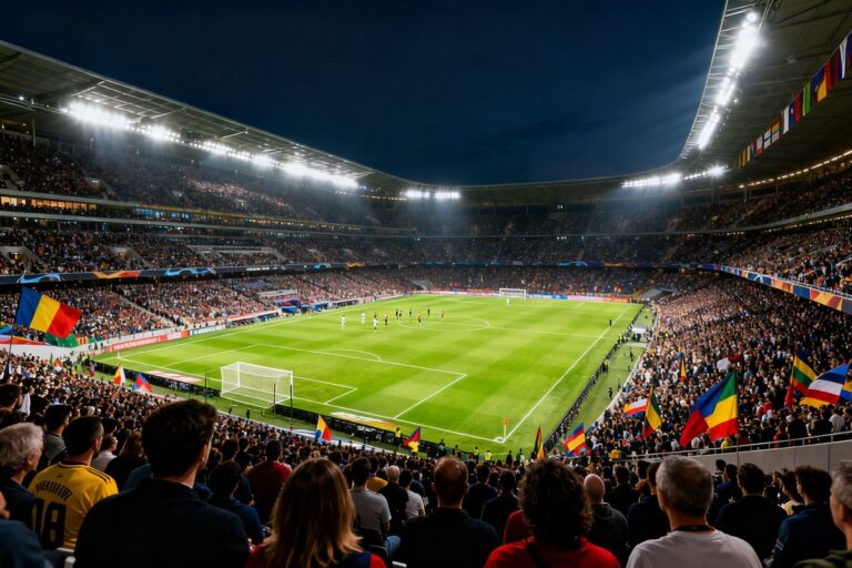 Un grand stade de football moderne rempli de spectateurs lors d'un match en soirée, pelouse éclairée par les projecteurs.