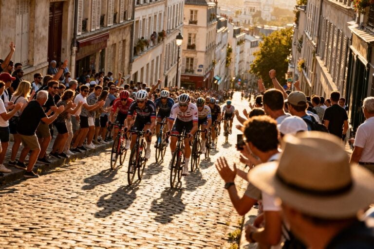 Peloton de cyclistes dans une rue pavée de Paris, encadré par une foule qui les encourage au soleil couchant