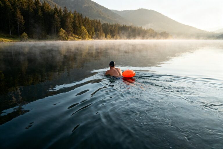 Nageur en eau libre tirant une bouée orange dans un lac de montagne au petit matin