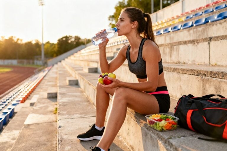 Une jeune sportive s'hydrate sur les gradins d'un stade après l'effort, des fruits frais et une salade à côté d'elle