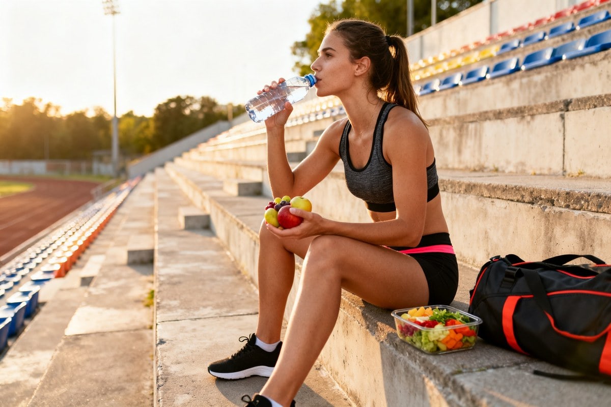 Une jeune sportive s'hydrate sur les gradins d'un stade après l'effort, des fruits frais et une salade à côté d'elle