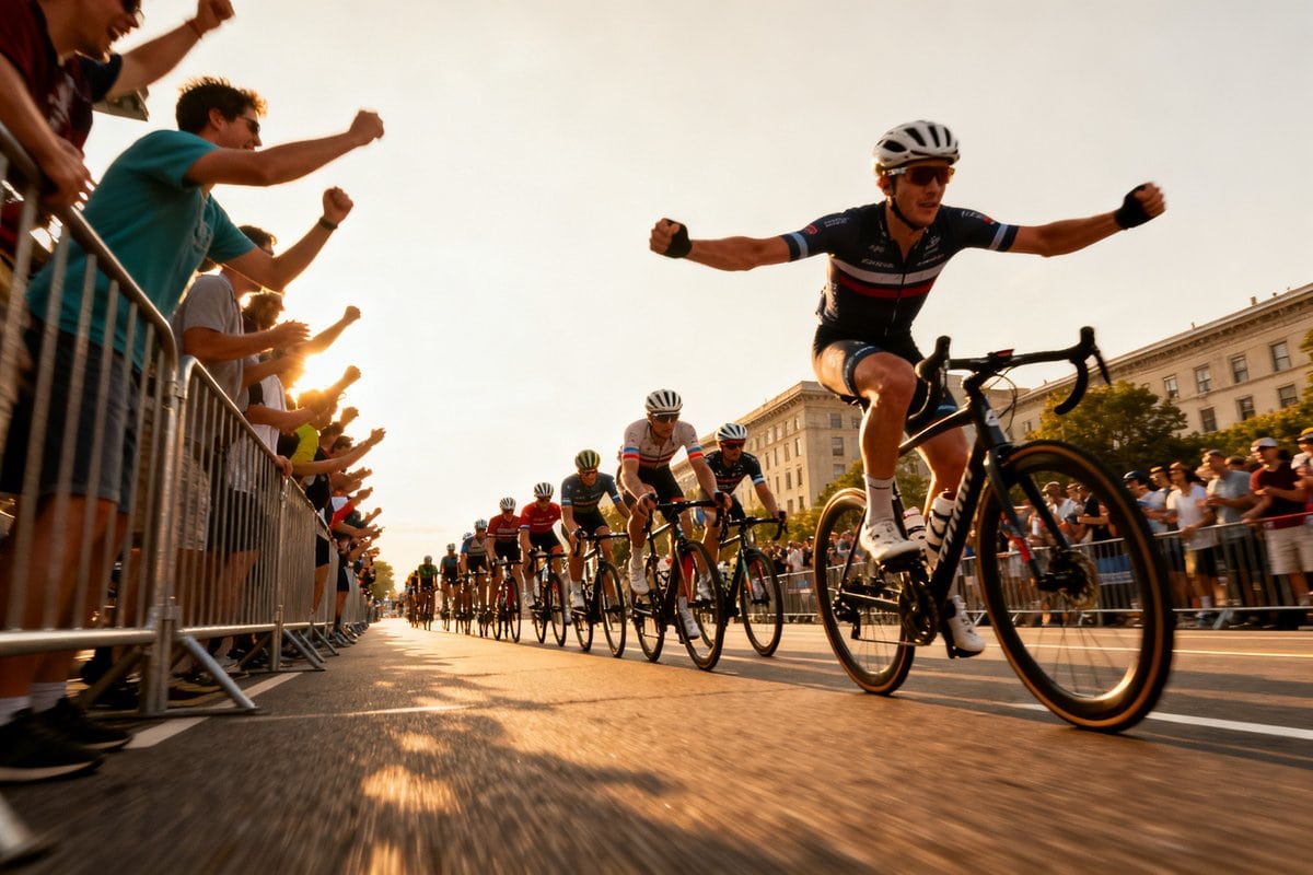 Un cycliste franchit la ligne d'arrivée bras écartés devant le peloton, sous les acclamations du public