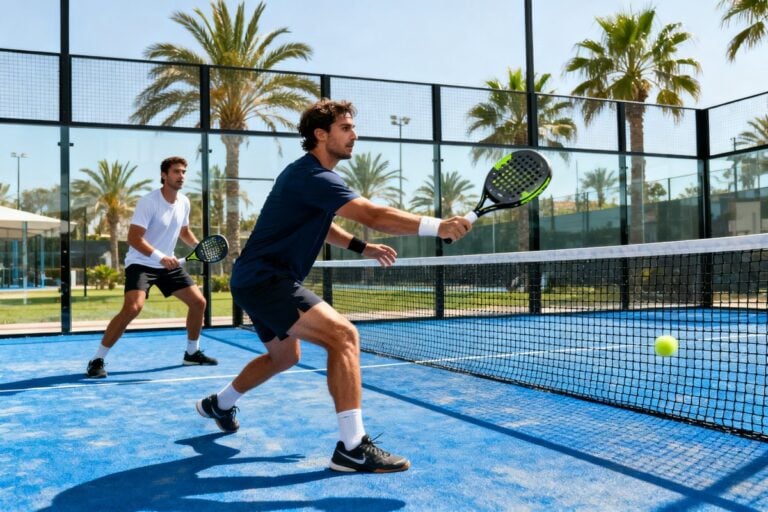 Deux joueurs de padel en action sur une piste vitrée bleue, l'un frappe la balle près du filet