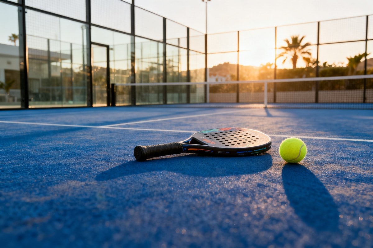 Terrain de padel vitré avec une raquette et une balle posées sur le sol bleu au soleil