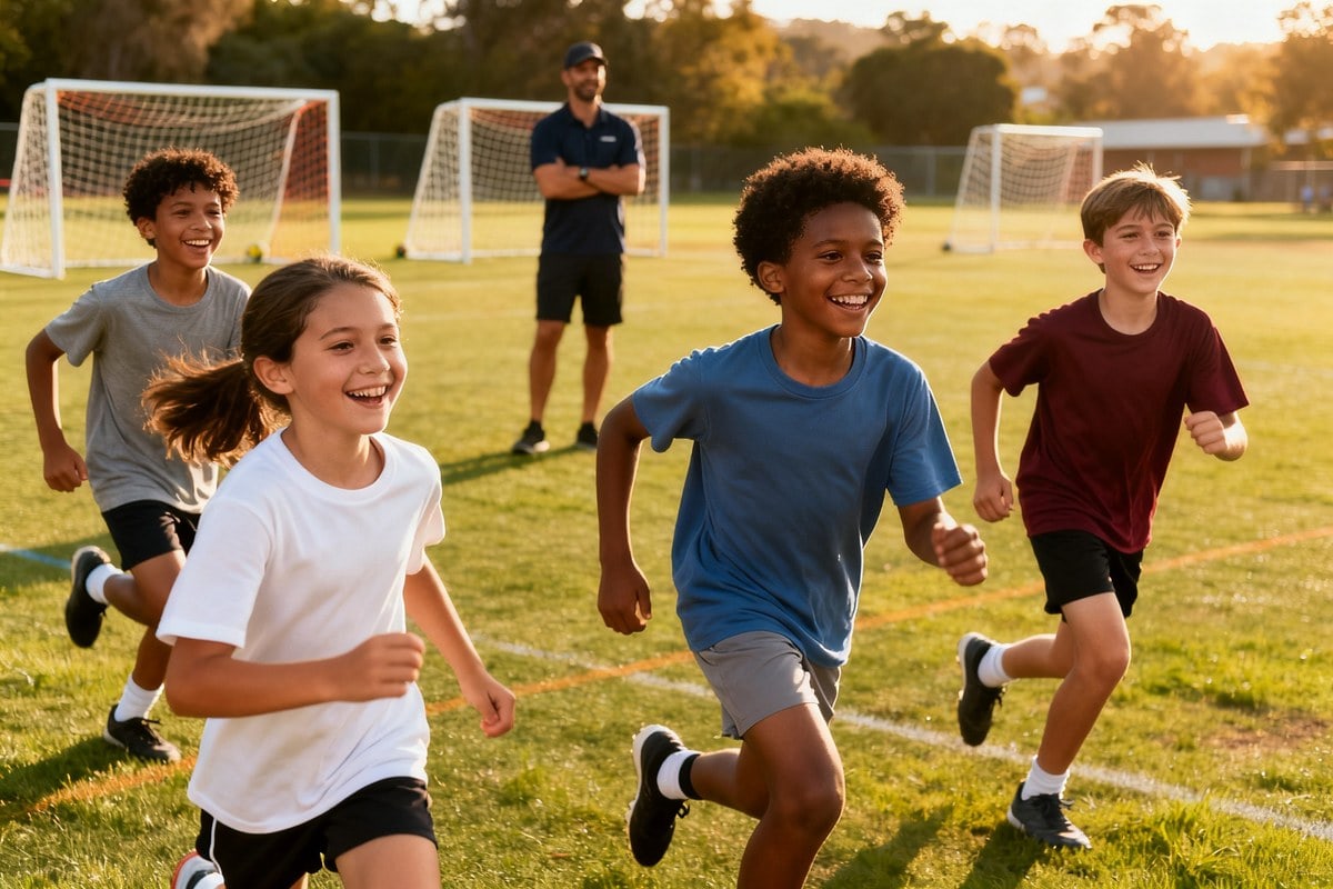 Des enfants souriants courent ensemble sur un terrain de sport, un éducateur en arrière-plan, dans une ambiance de club
