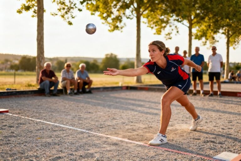 Une joueuse de pétanque lance sa boule bras tendu sur un terrain de gravier, des spectateurs assis derrière