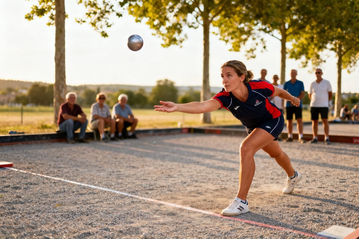 Une joueuse de pétanque lance sa boule bras tendu sur un terrain de gravier, des spectateurs assis derrière