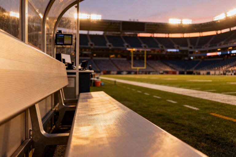 Un banc de touche vide et sa zone technique dans un grand stade éclairé au crépuscule