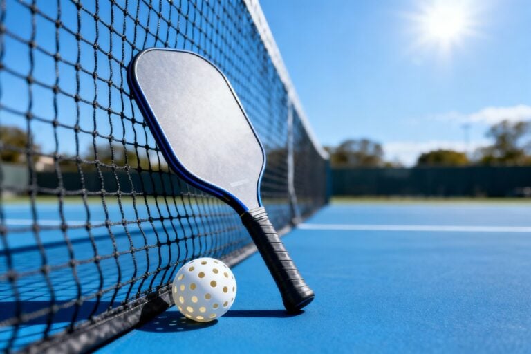 Raquette de pickleball et balle perforée posées contre le filet sur un terrain
