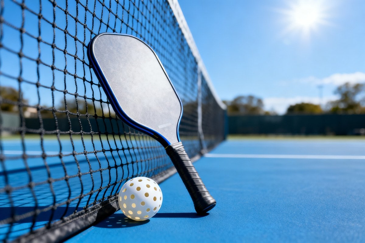 Raquette de pickleball et balle perforée posées contre le filet sur un terrain
