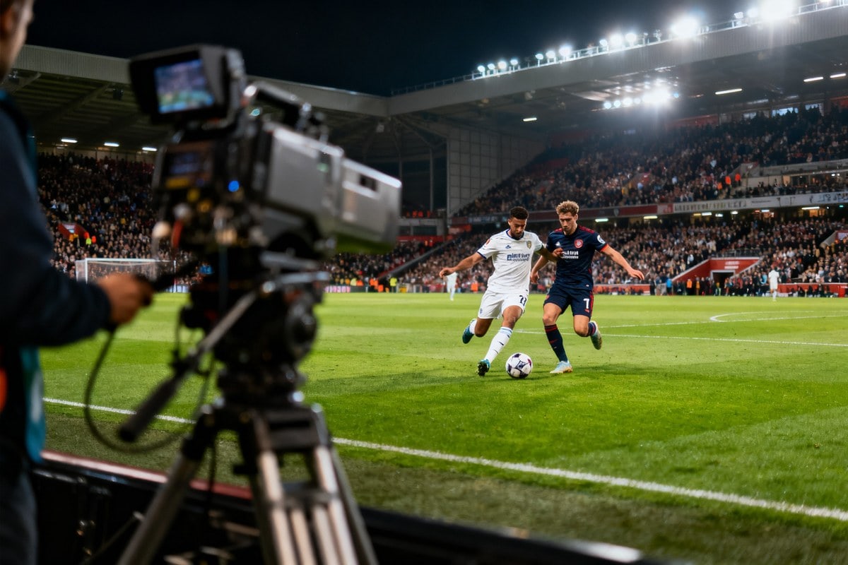 Deux footballeurs au duel sur une pelouse éclairée, filmés par une caméra de retransmission au premier plan