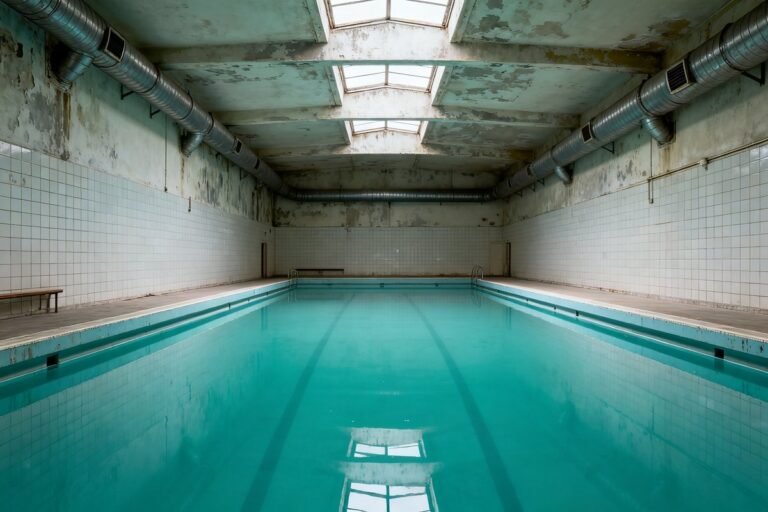 Bassin d'une piscine municipale ancienne, eau turquoise immobile et gaines de ventilation au plafond