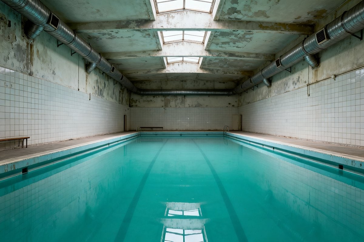 Bassin d'une piscine municipale ancienne, eau turquoise immobile et gaines de ventilation au plafond