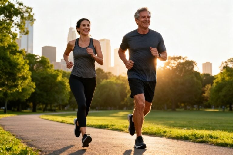 Une femme et un homme courent côte à côte sur une allée de parc, au lever du soleil.