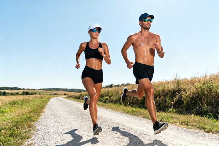 Une femme et un homme courent côte à côte sur un chemin de campagne en plein soleil, casquette et lunettes