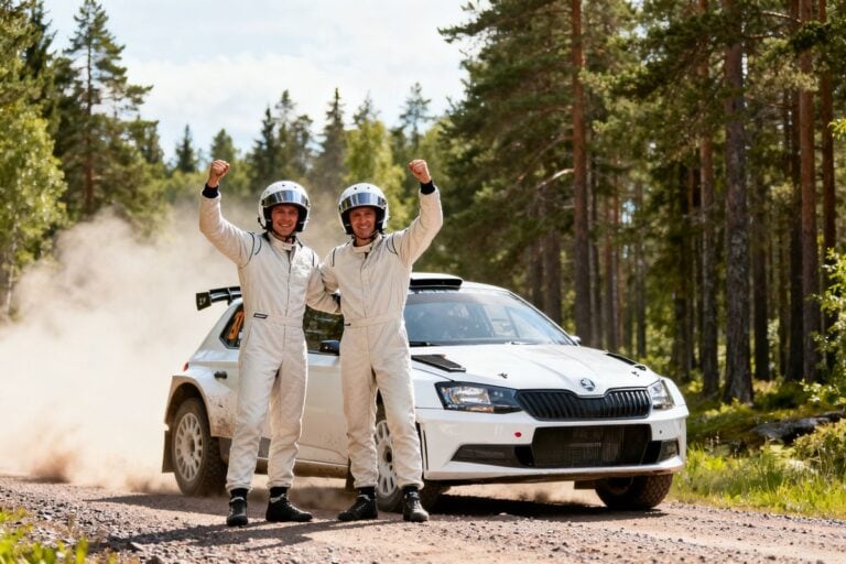 Un pilote et son copilote en combinaison blanche lèvent le poing devant leur voiture de rallye, en forêt
