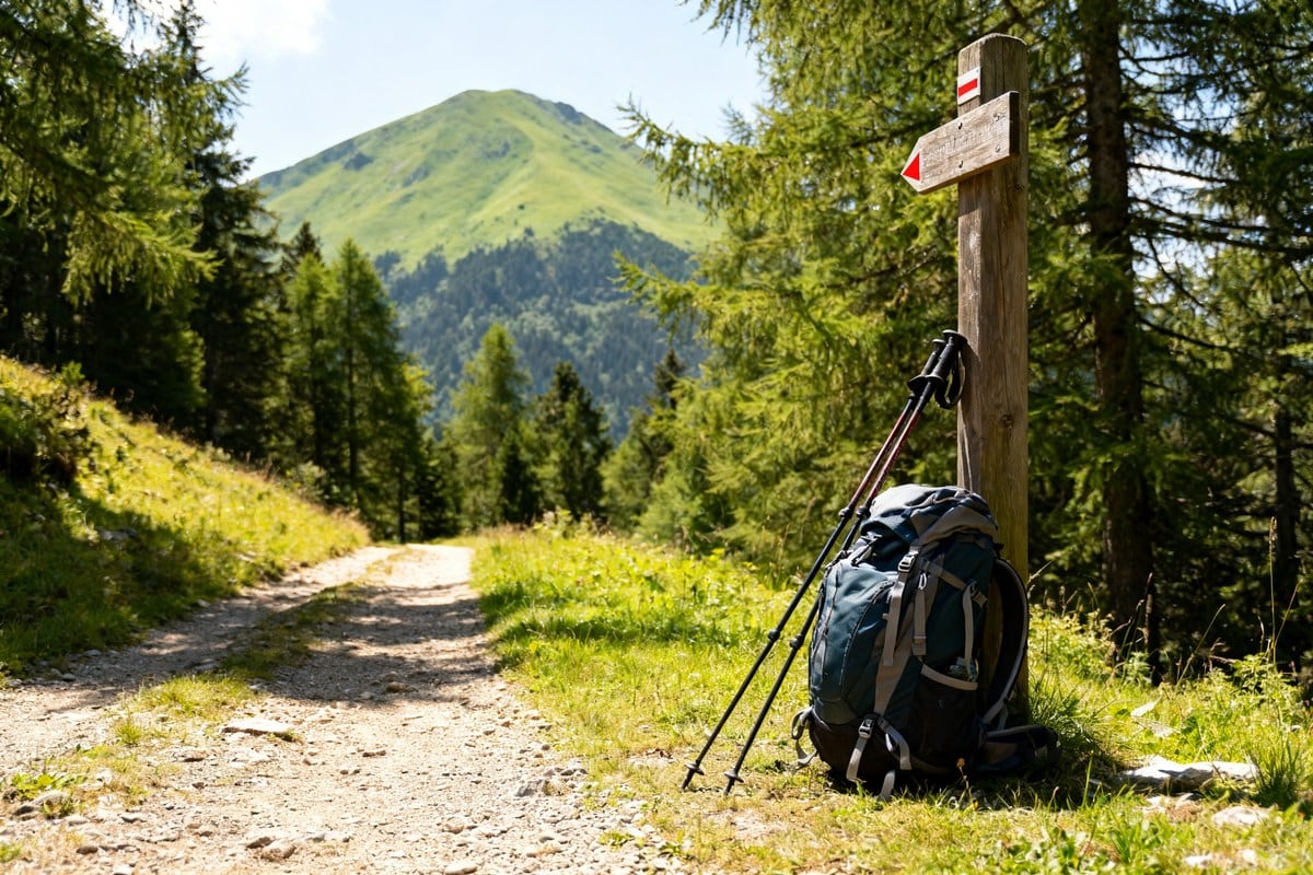 Sentier de randonnée balisé traversant une forêt ensoleillée, sac à dos et bâtons appuyés à un poteau