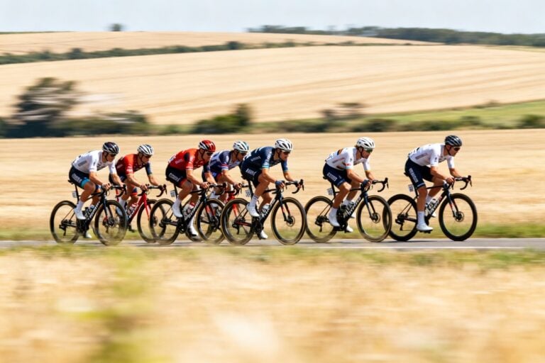 Une file de cyclistes lancés à pleine vitesse sur une route plate bordée de champs de blé.