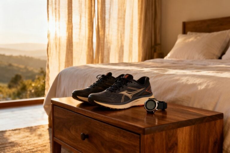 Chambre calme baignée de lumière du matin, chaussures de running et montre posées sur une table de nuit