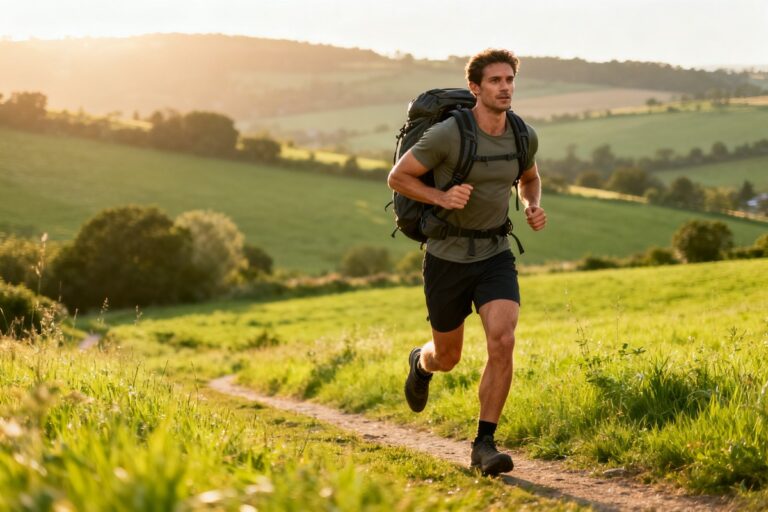 Un marcheur dynamique gravit un sentier de campagne ensoleillé avec un sac à dos lesté sur les épaules