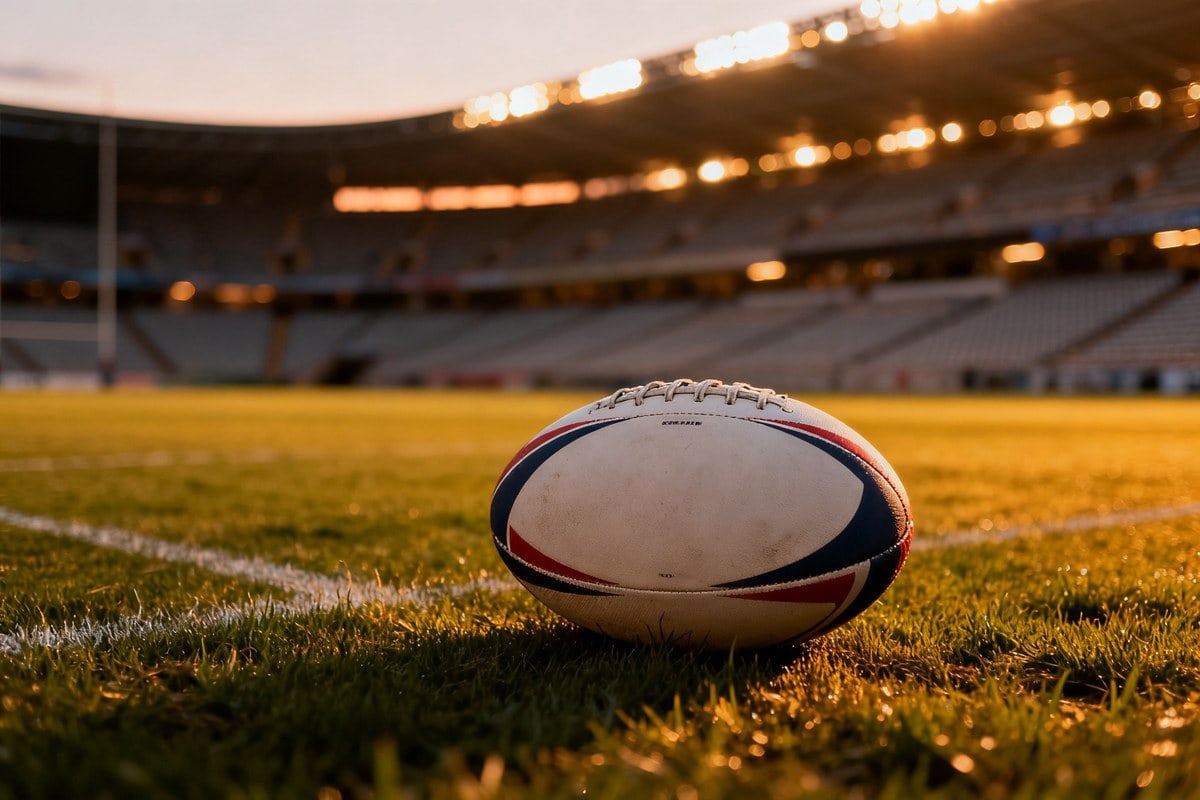 Ballon de rugby posé sur la pelouse d'un stade éclairé au crépuscule, tribunes en arrière-plan