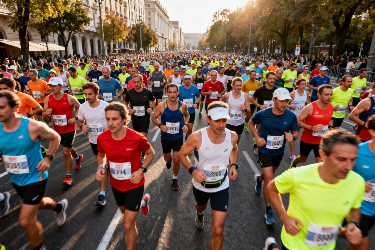 Une foule de coureurs amateurs, hommes et femmes, s'élance sur un large boulevard urbain lors d'une course sur route