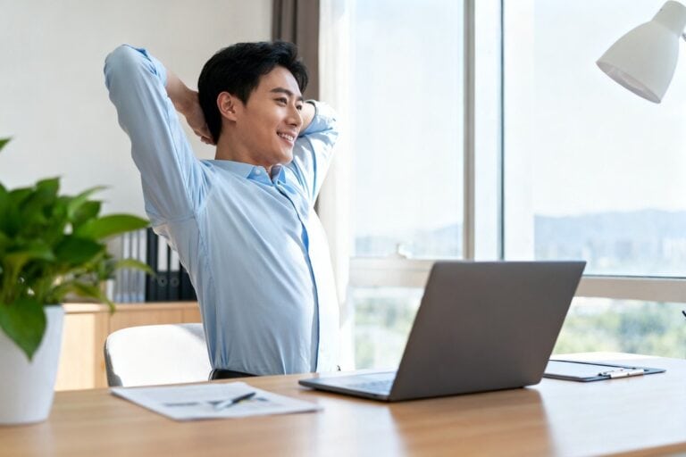Personne se levant de son bureau pour s'étirer et faire une courte pause active en milieu de journée
