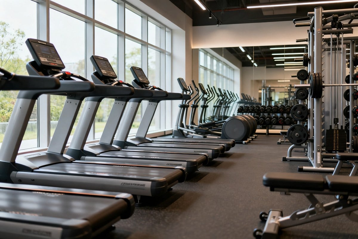 Intérieur d'une salle de sport moderne avec machines de cardio et poids libres