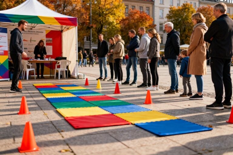 Un stand d'initiation sportive installé sur une place de ville, avec tapis, plots et participants de tous âges