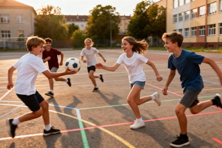 Six adolescents, filles et garçons, courent après un ballon dans une cour d'école aux lignes colorées.