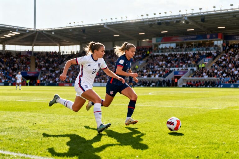 Deux footballeuses courent au coude à coude vers le ballon sur une pelouse, tribunes garnies en arrière-plan