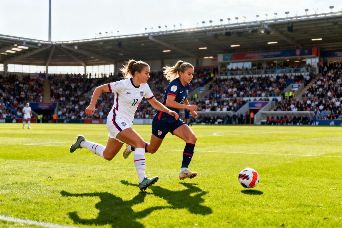 Deux footballeuses courent au coude à coude vers le ballon sur une pelouse, tribunes garnies en arrière-plan