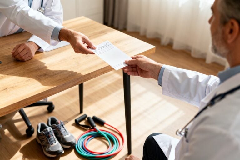 Un cabinet médical lumineux où une ordonnance est tendue au-dessus d'un bureau, à côté de chaussures et d'élastiques.