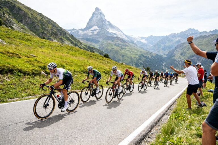 Peloton de cyclistes en pleine ascension d'un col alpin, sommet enneigé et spectateurs au bord de la route