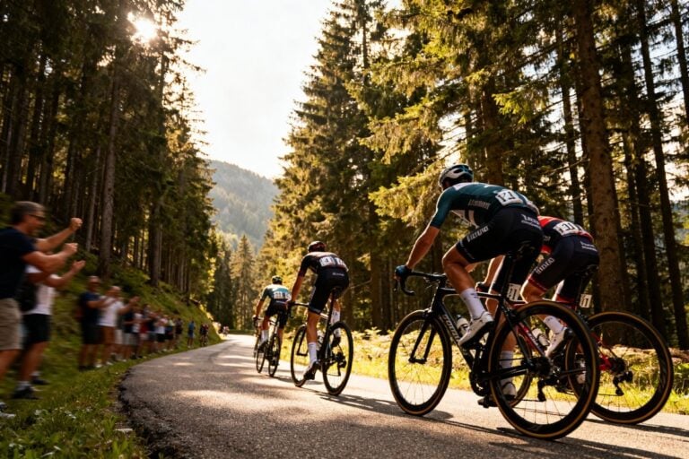 Quatre cyclistes montent une route forestière en danseuse, des spectateurs les encouragent au bord du talus.