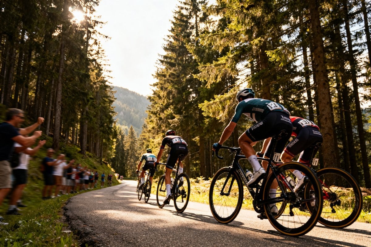 Quatre cyclistes montent une route forestière en danseuse, des spectateurs les encouragent au bord du talus.