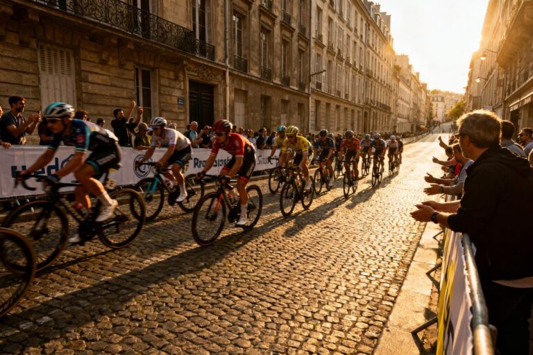 Un peloton de cyclistes, dont le maillot jaune, grimpe une rue pavée parisienne devant des spectateurs.