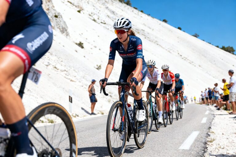 Des cyclistes féminines grimpent une route de montagne aux pentes calcaires blanches, spectateurs au bord