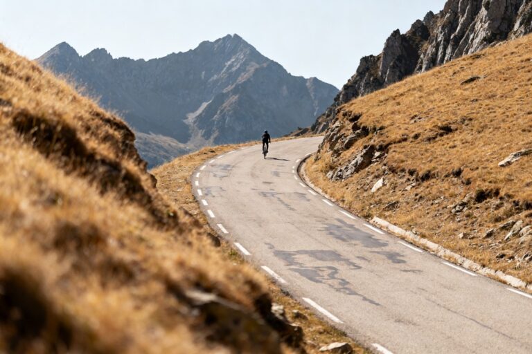 Route de montagne en lacets grimpant vers un col pyrénéen dénudé, sommets rocheux au loin
