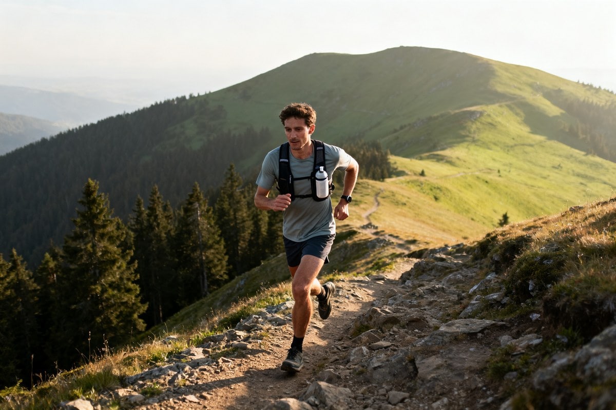 Un traileur en gilet d'hydratation court sur un sentier de crête en montagne, sous une lumière matinale.