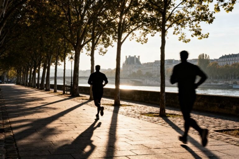 Coureurs de dos sur un chemin longeant une rivière au petit matin dans une ville européenne