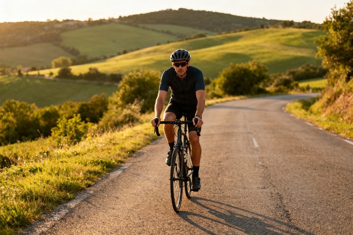 Cycliste amateur seul sur une route de campagne au coucher du soleil, collines verdoyantes en arrière-plan