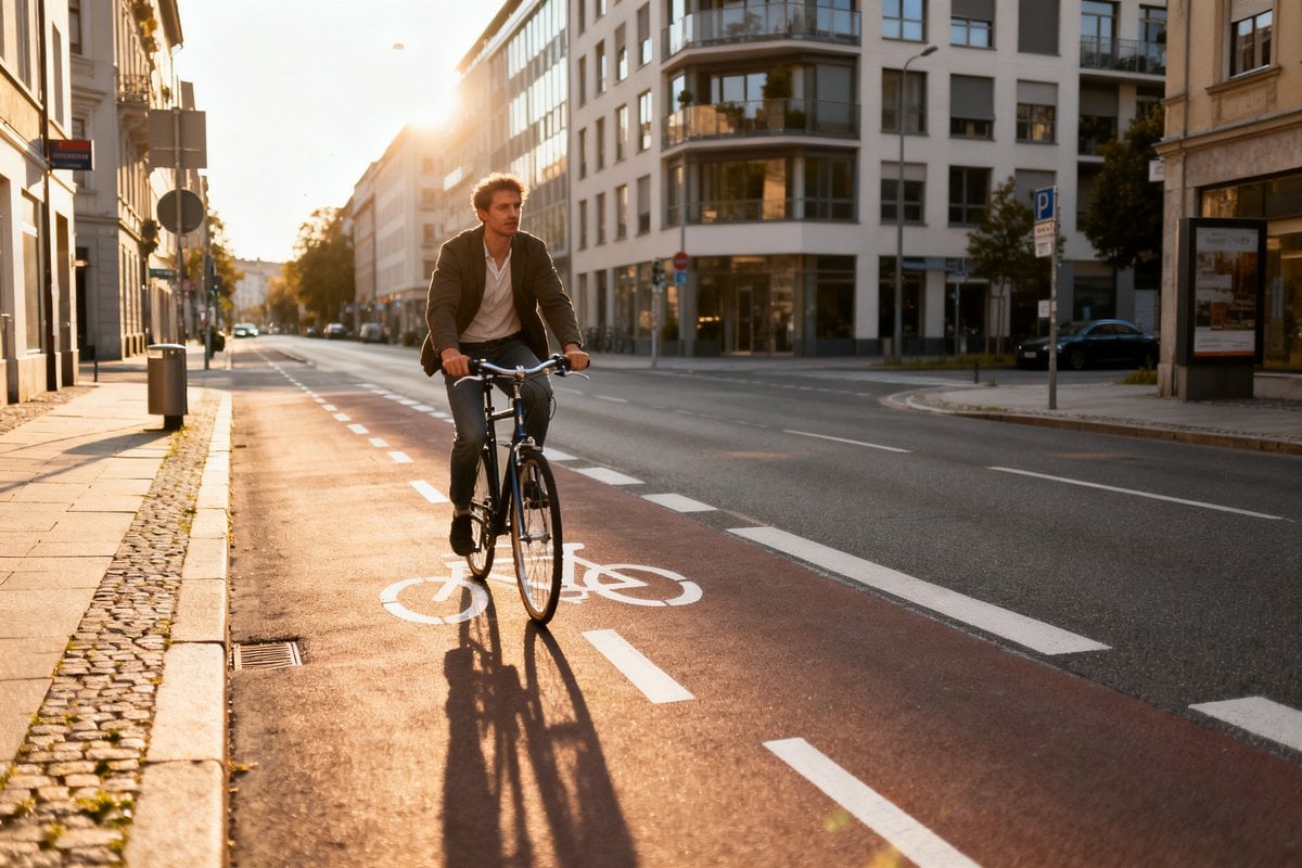 Cycliste circulant sur une piste cyclable en ville au petit matin